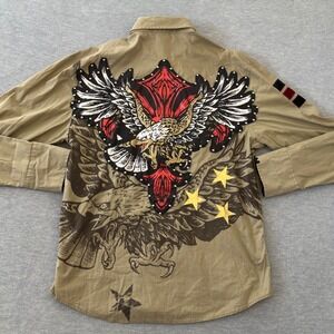 Rebel Spirit Mens XL Tan Eagle Graphic Studded Button Down Shirt Biker Rocker
